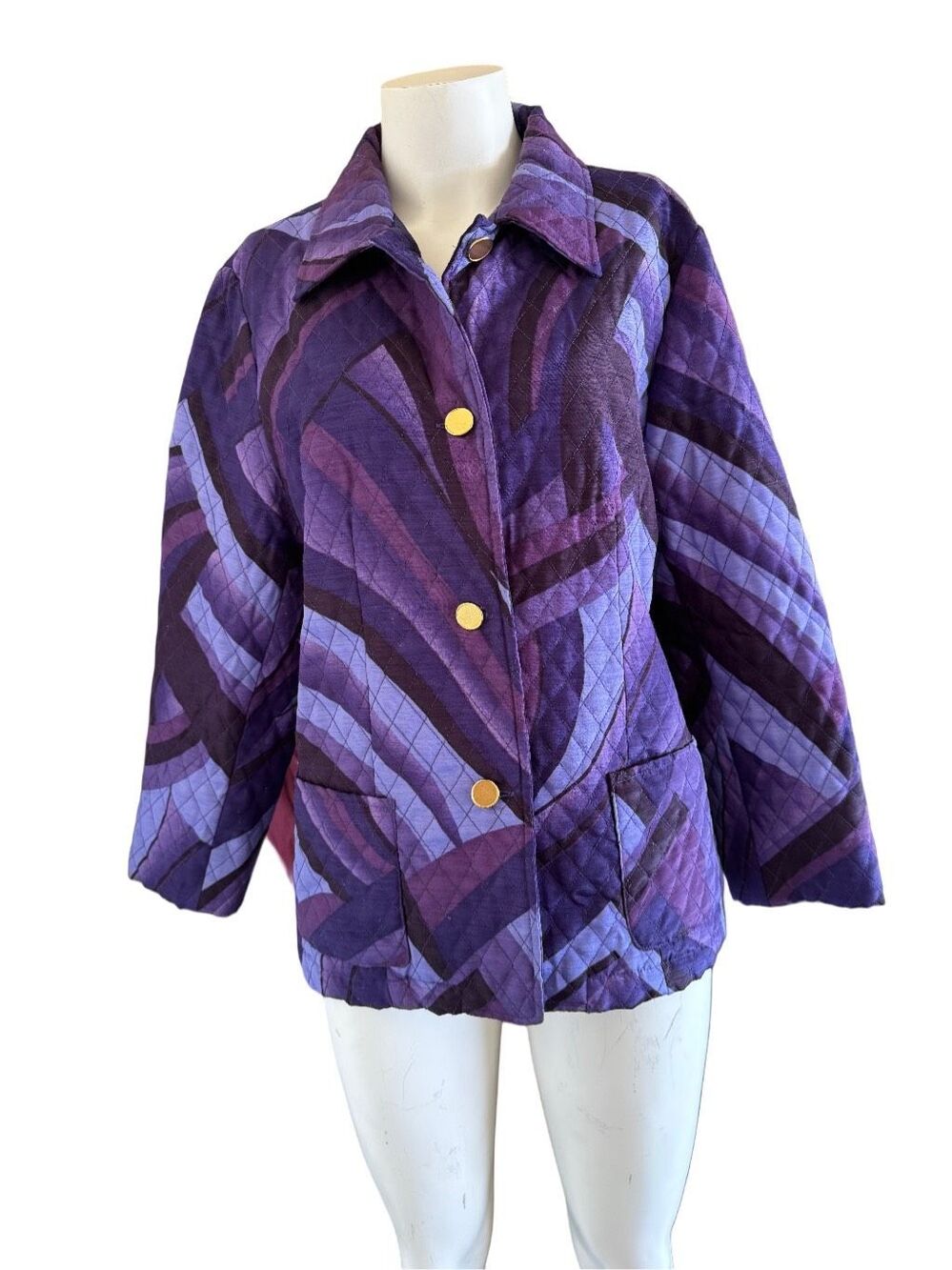 Rafael women’s L purple quilted coat gold buttons 2 tone plum collared